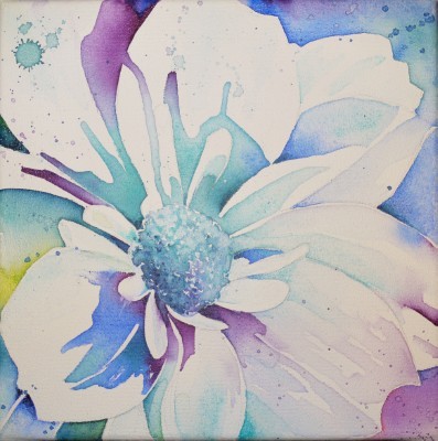 Aquarellbild einer abstrahierten Dahlie in Türkis- und Rosatönen